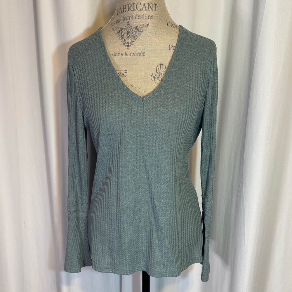 Lucky Brand Teal Belled Sleeve V-Neck Waffle Top